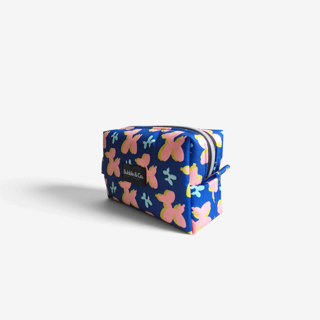 Close-up of the Balloon Dog print on Bubble & Co. M toiletry bag